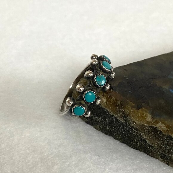 VTG Sterling Silver 925 Snake Eyes Round Turquoise Petit Point Ring Sz 5.75 - Picture 4 of 16